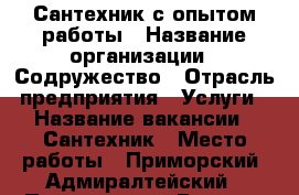 Сантехник с опытом работы › Название организации ­ Содружество › Отрасль предприятия ­ Услуги › Название вакансии ­ Сантехник › Место работы ­ Приморский, Адмиралтейский › Процент ­ 50 › Возраст от ­ 30 › Возраст до ­ 45 - Ленинградская обл., Санкт-Петербург г. Работа » Вакансии   